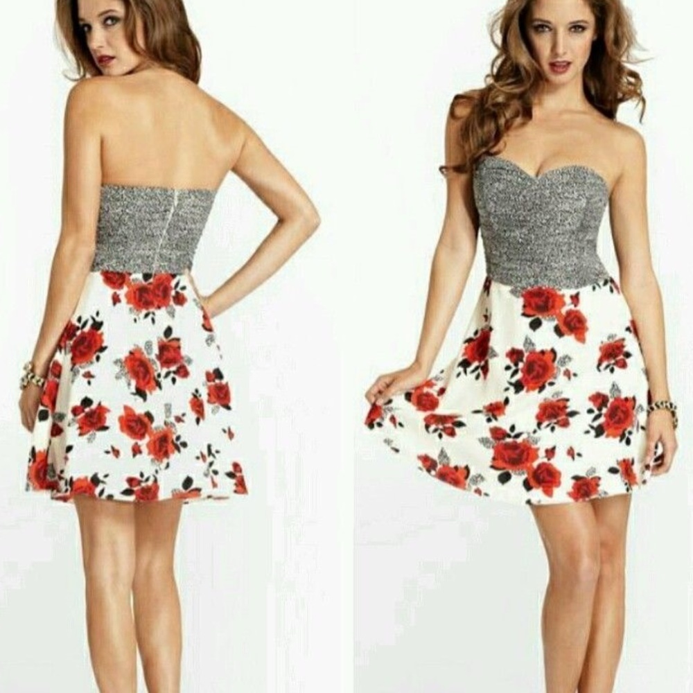 NEW GUESS Rose Dot Mixed-Print Strapless Dress 10